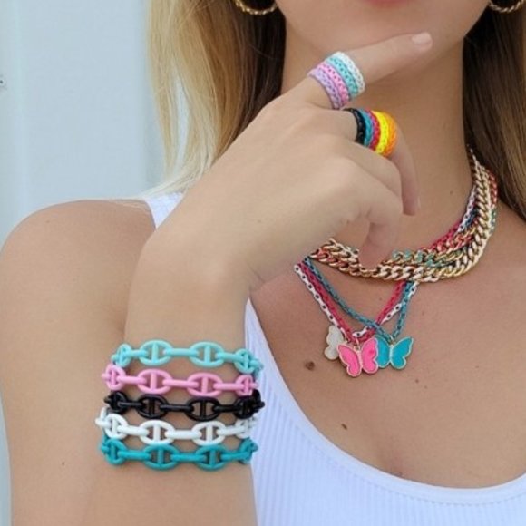 NEW Enamel Pink Mariner Chain Cuff Bracelet - Picture 9 of 11